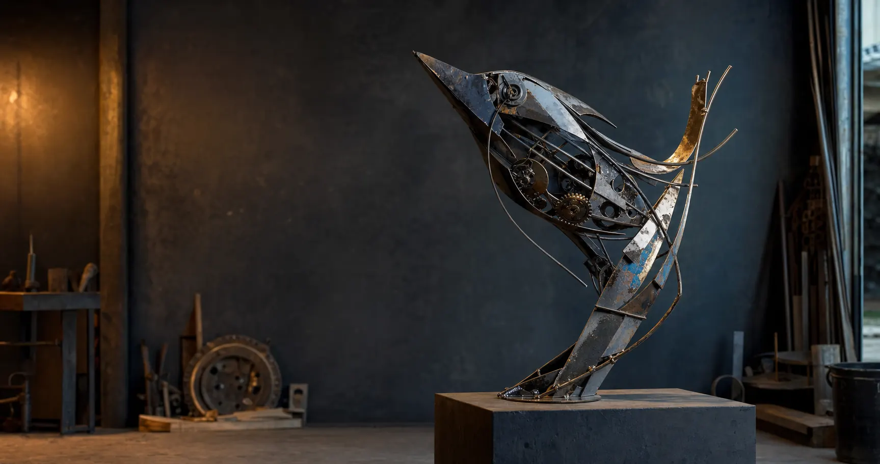 Sculpture en métal recyclé dans une ambiance d’atelier